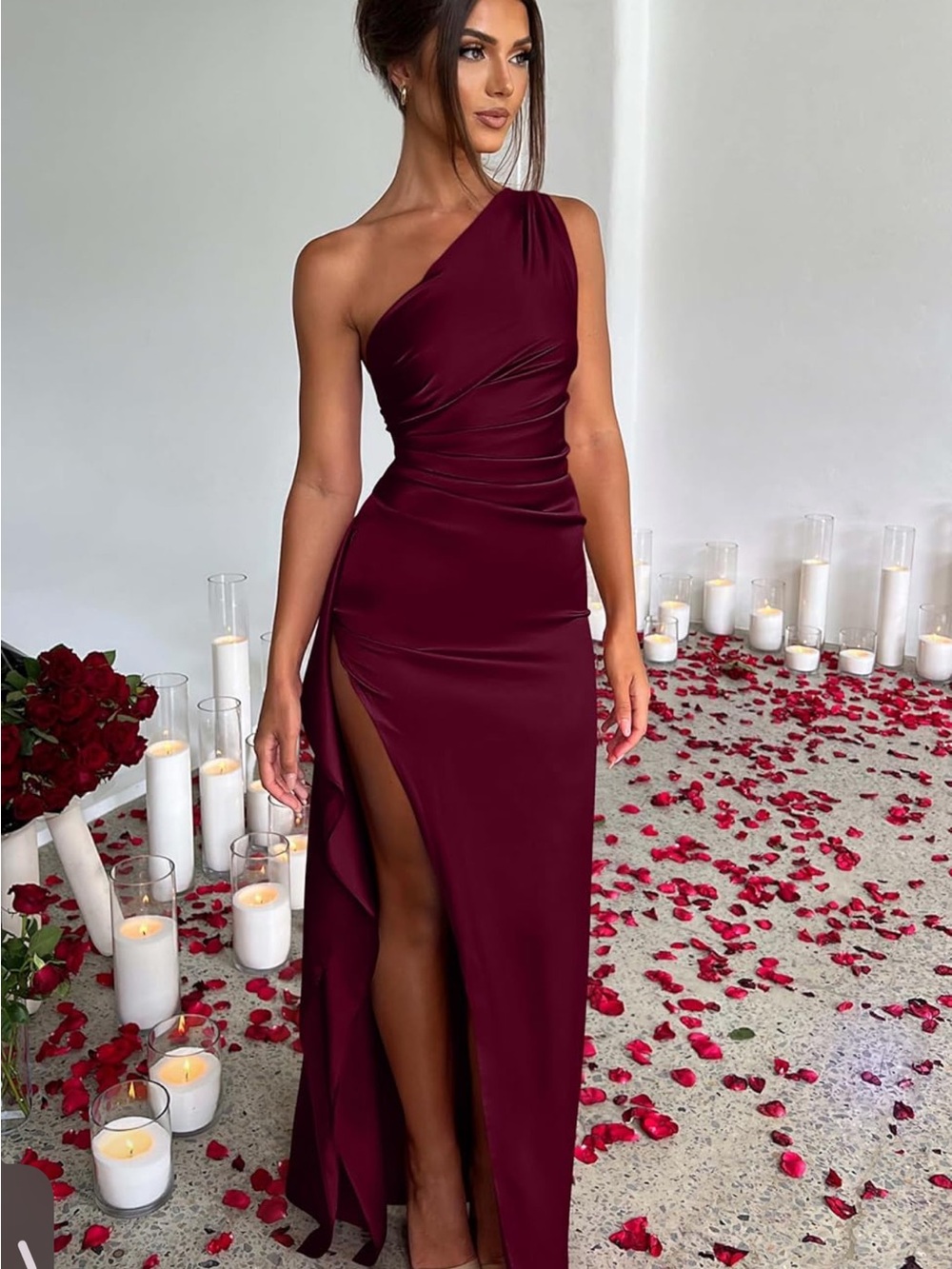 OYS Elegant One-Shoulder Burgundy Evening Gown